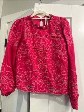 Anthropologie Embroidered Long-Sleeve Blouse - Hot Pink
